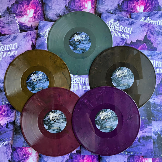 Five colored vinyl records on a patterned background