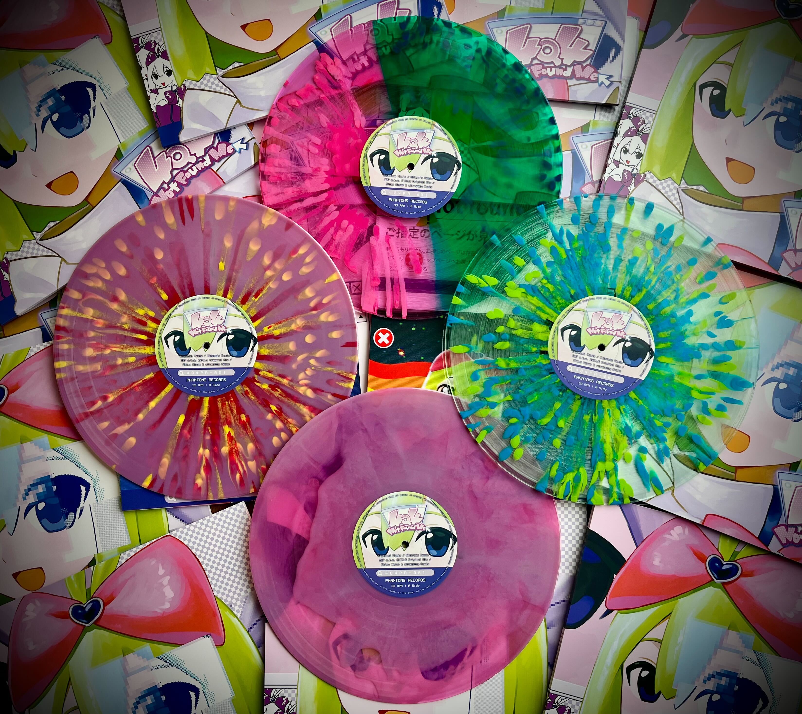 Colorful vinyl records with cartoon character labels on a colorful background