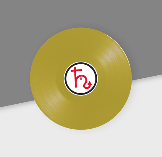 A metallic gold 12-inch vinyl record with a red and black label in the center, placed on a grey and white background.