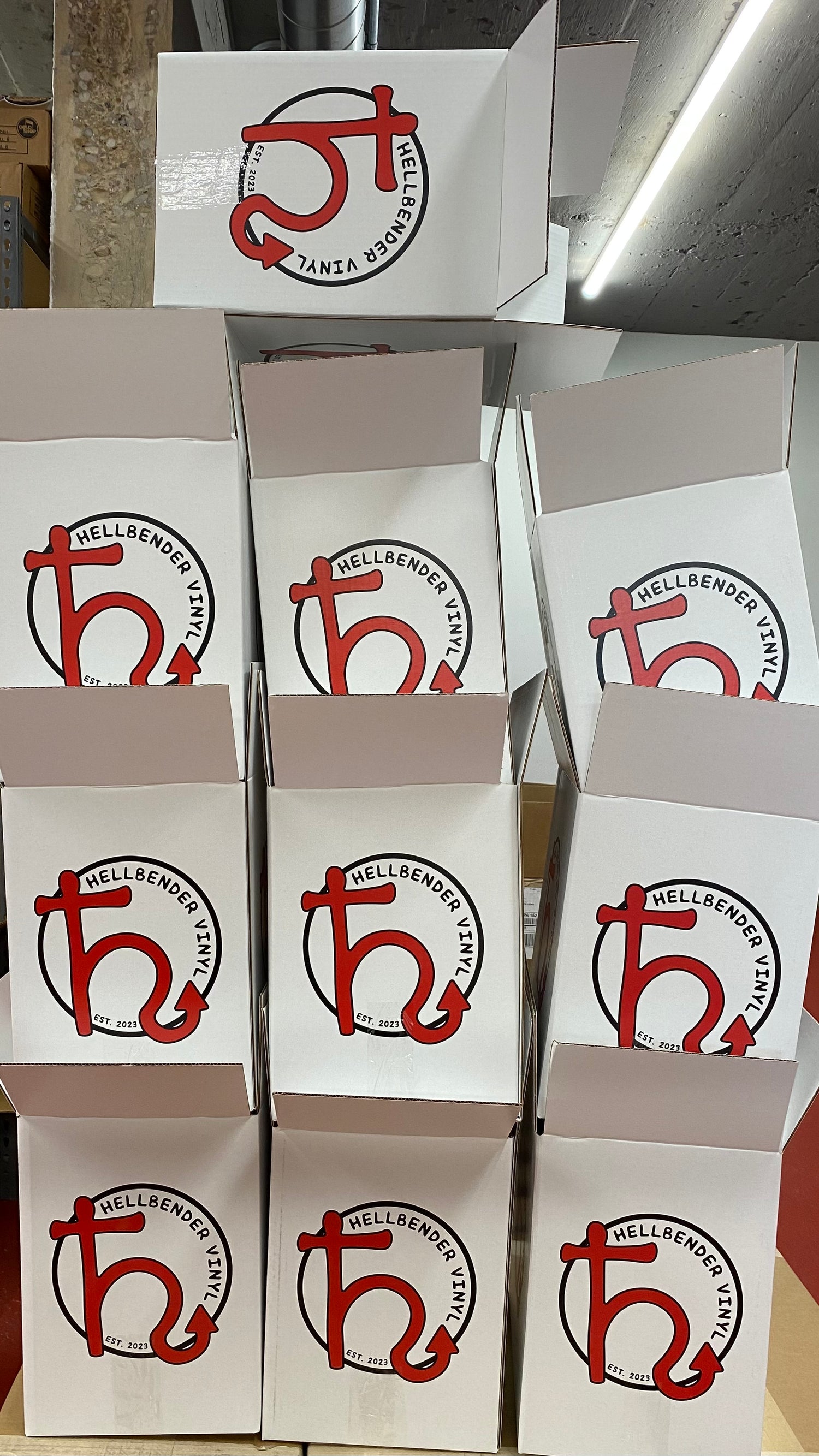 Hellbender Vinyl branded boxes for shipping custom vinyl LP records from Pittsburgh