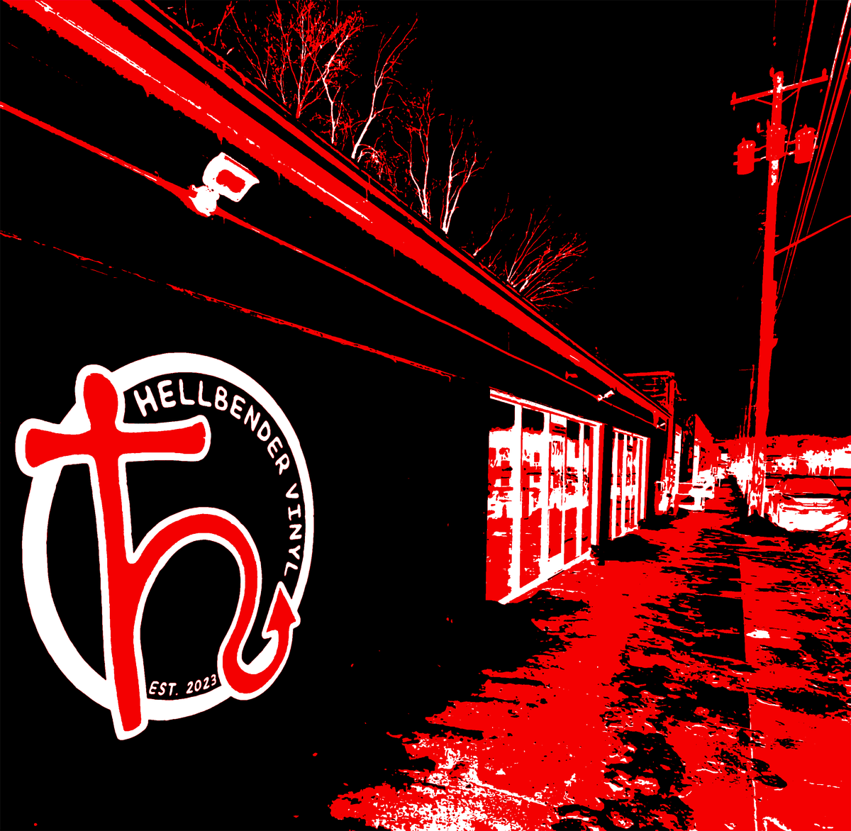 A stylized high-contrast red, black, and white photograph of a storefront exterior at night, with a large circular Hellbender Vinyl logo overlaid in the lower left corner.