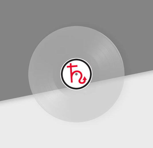 Vinyl record with a logo on a gray background