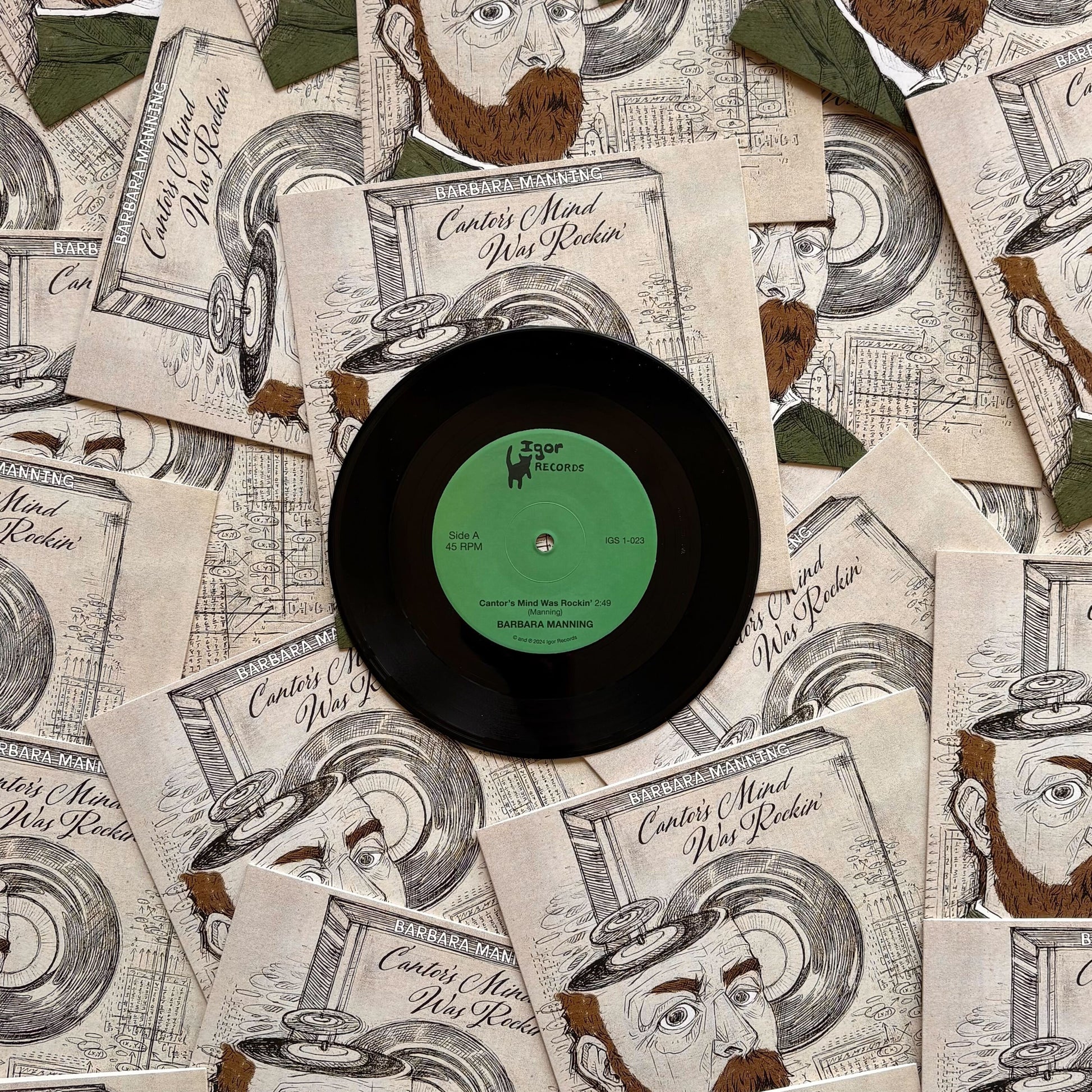 Vinyl record with a green label on top of vintage-style advertisements featuring illustrated faces.