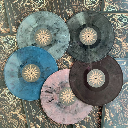 Five vinyl records with sun design on a decorative background
