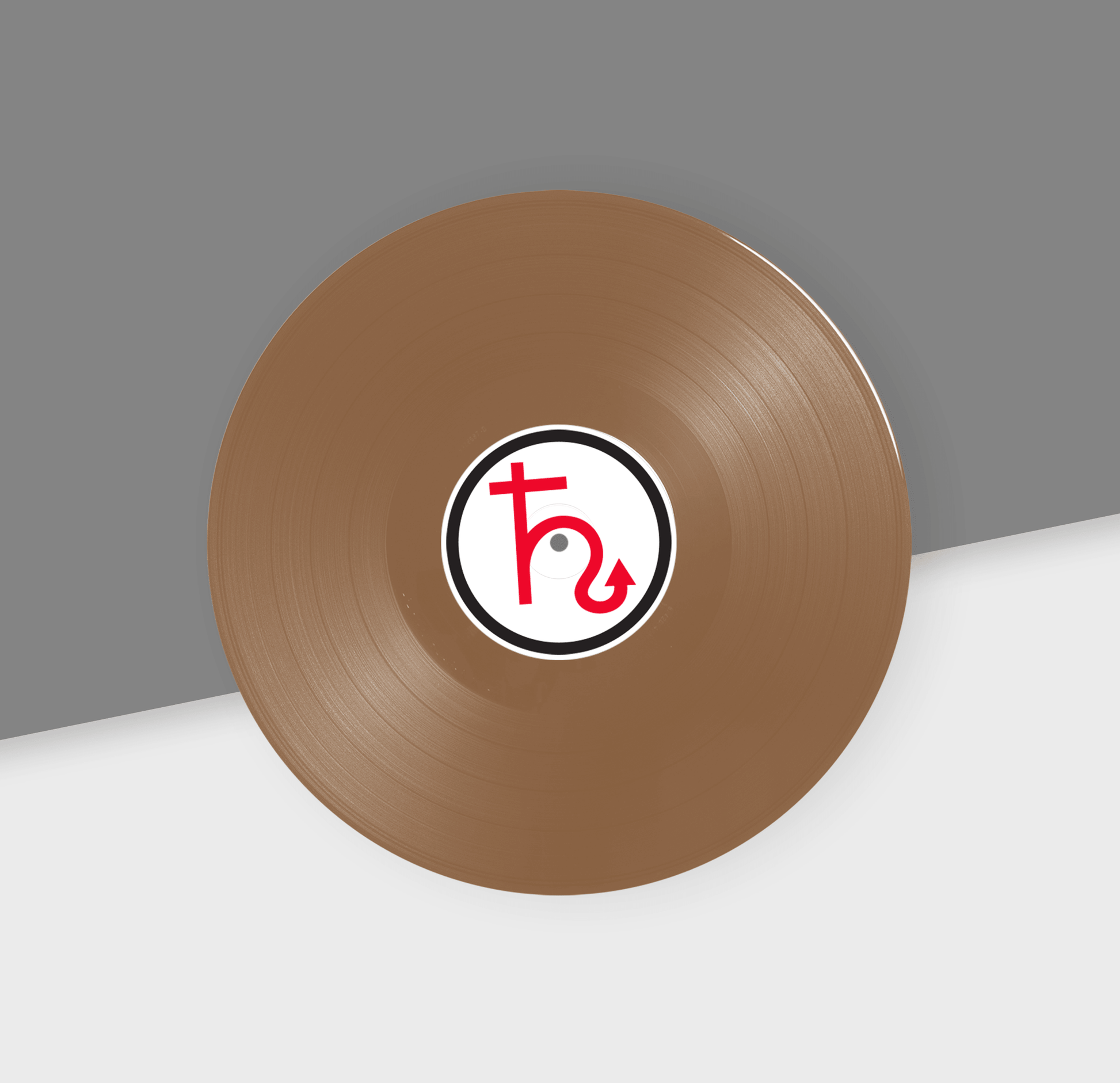 Brown vinyl record with a logo on a gray and white background