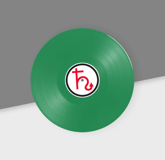 Green vinyl record with a logo on a gray and white background