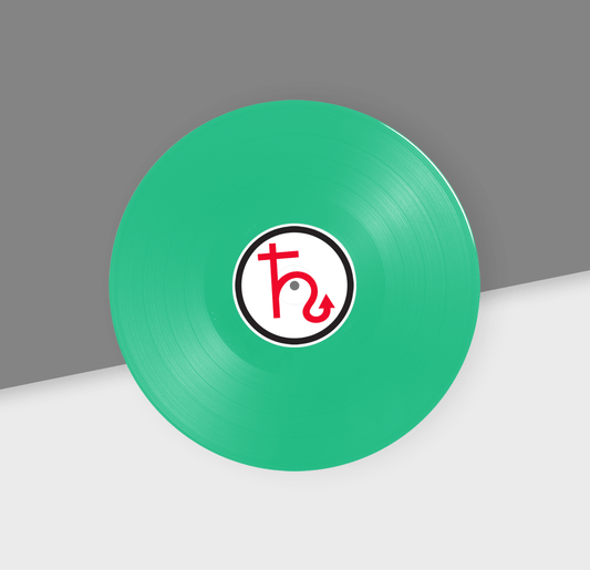 Green vinyl record with a logo on a gray and white background