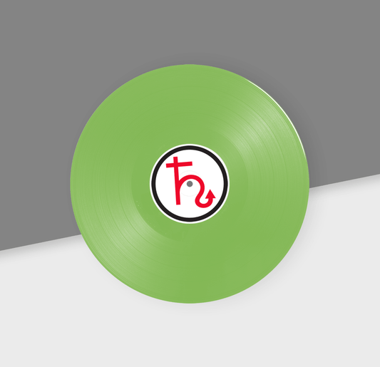 Lime green vinyl record with a logo on a gray and white background