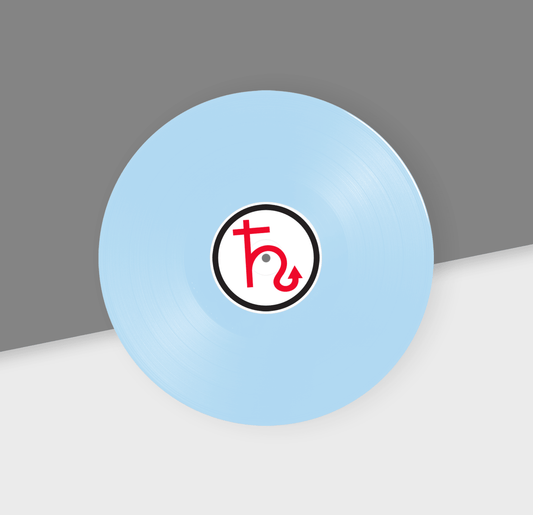 Light blue circular object with a logo on a gray background