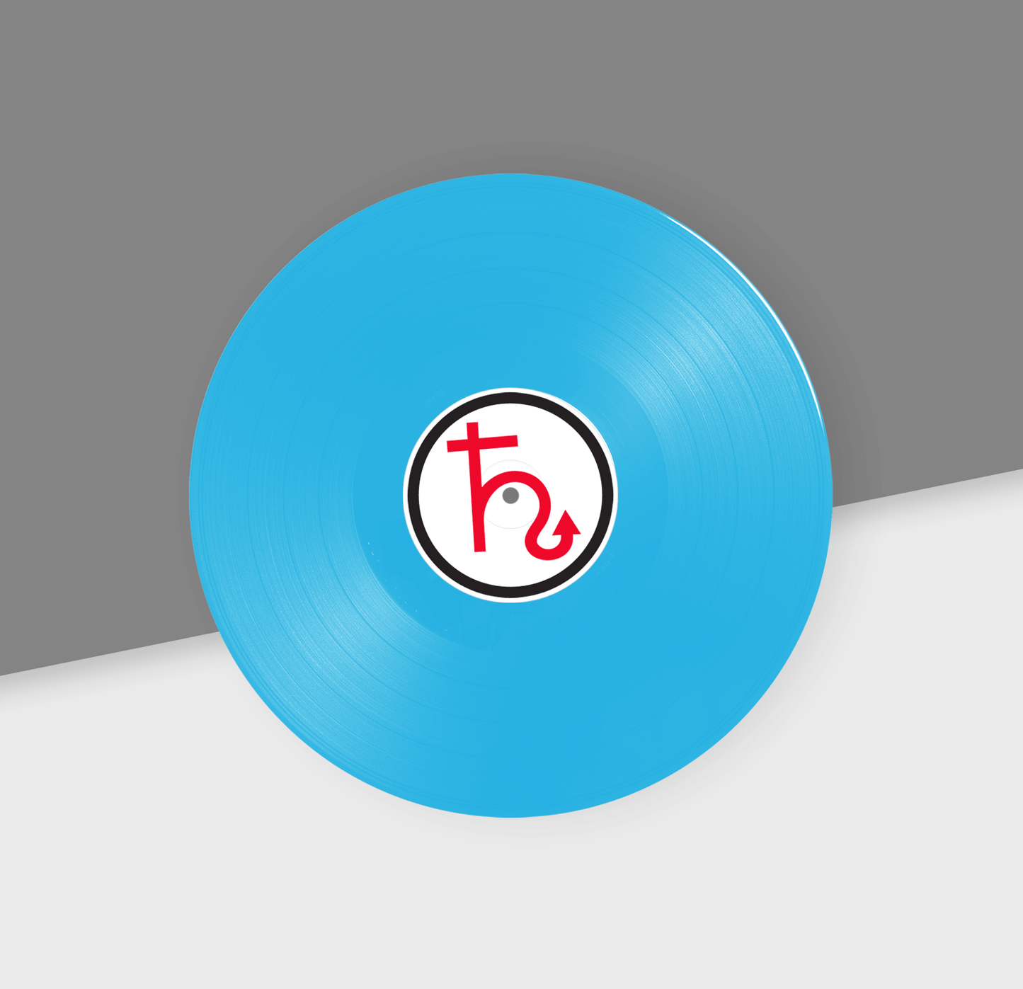 Blue vinyl record with a logo on a gray and white background