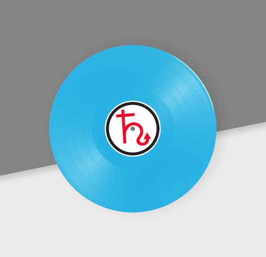 Blue vinyl record with a logo on a gray and white background