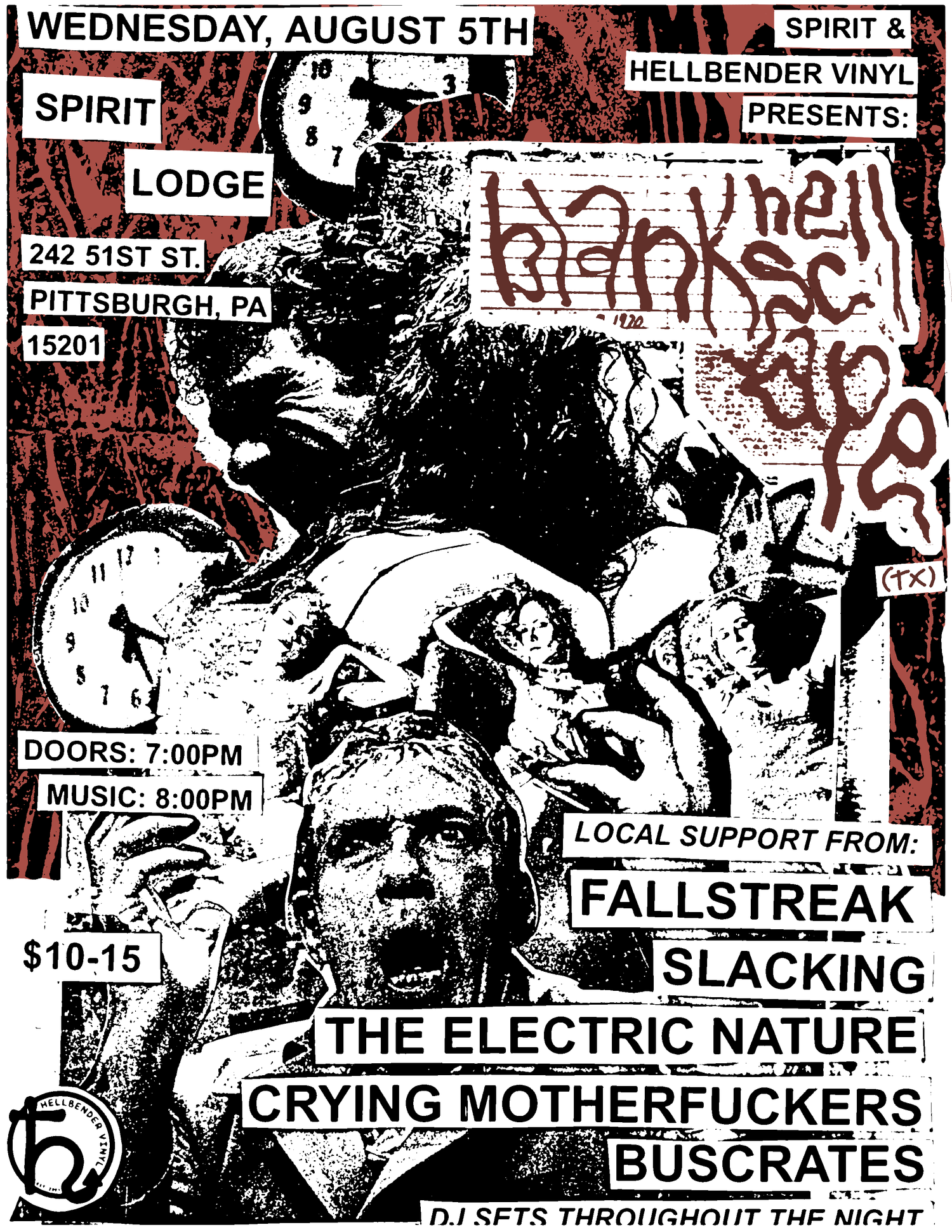 A high-contrast black and white graphic concert poster for a punk band show, featuring stylized illustrations of band members, clock graphics, and text for 'Spirit & Hellbender Vinyl Presents: bankhell' at 'Spirit Lodge' in Pittsburgh on August 5th.