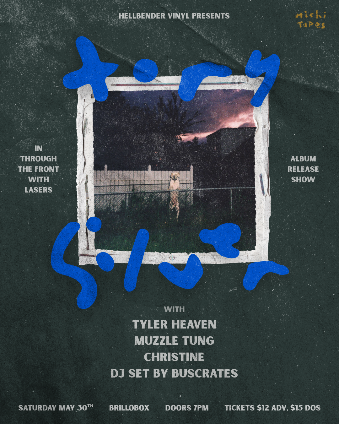 Promotional poster for an album release show featuring 'In Through the Front with Lasers' and other artists.