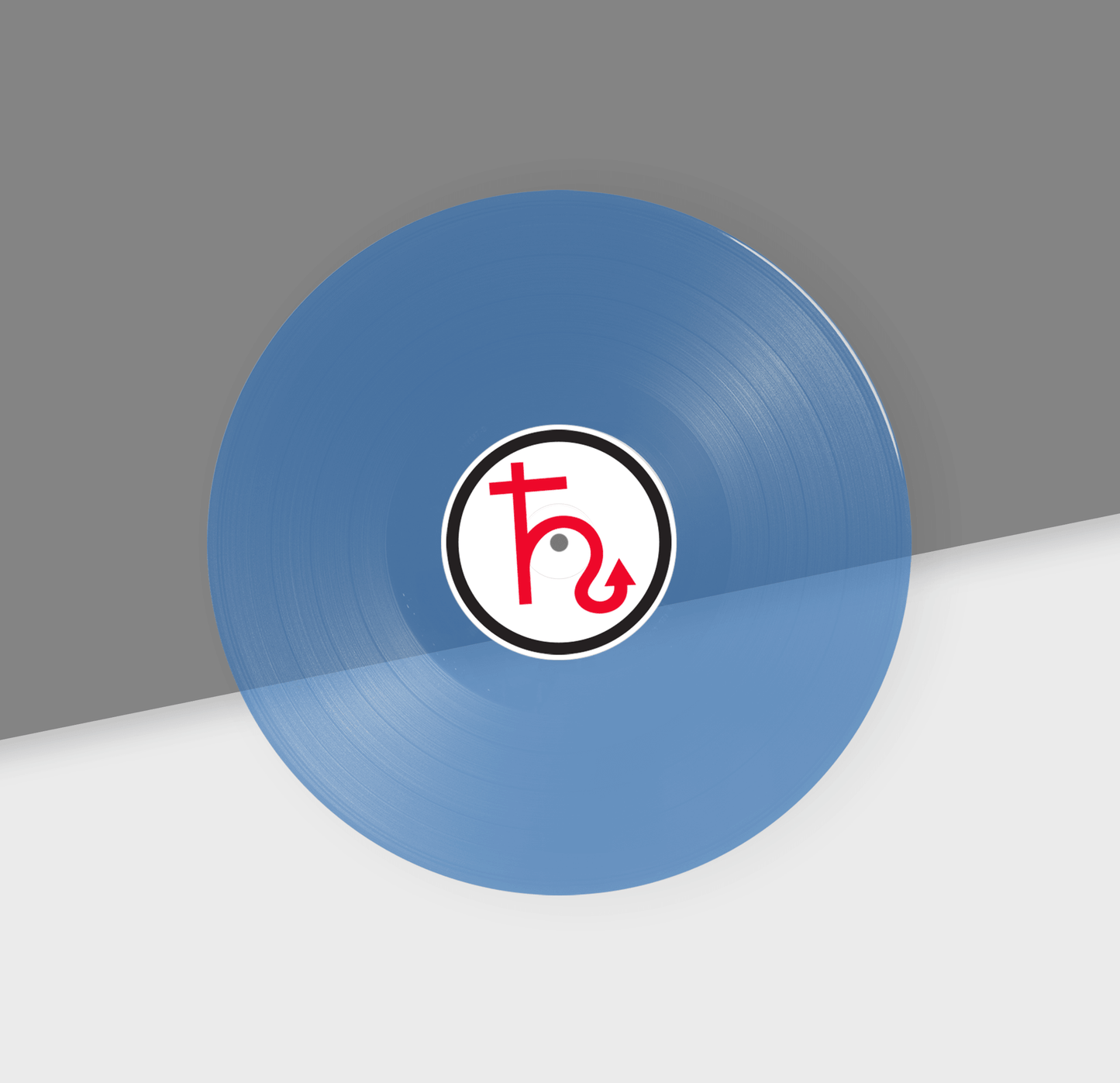 Clear blue vinyl record with a logo on a gray and white background