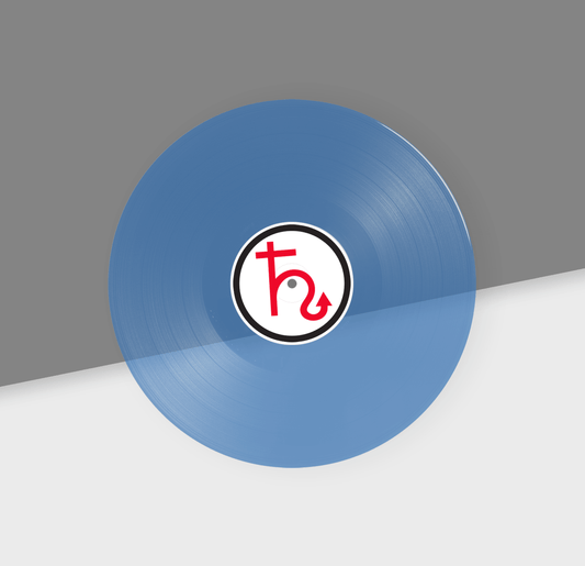 Clear blue vinyl record with a logo on a gray and white background