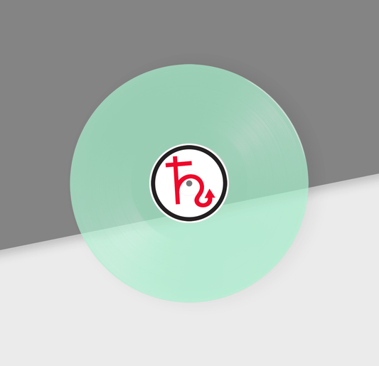 Clear coke bottle record with a logo on a gray and white background