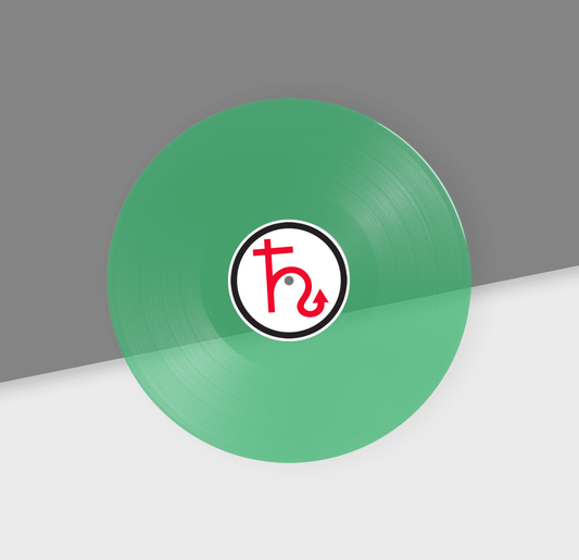 Green vinyl record with a logo on a gray and white background