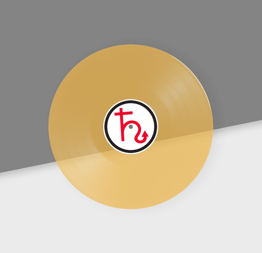 Clear orange vinyl record with a red and black logo on a gray and white background