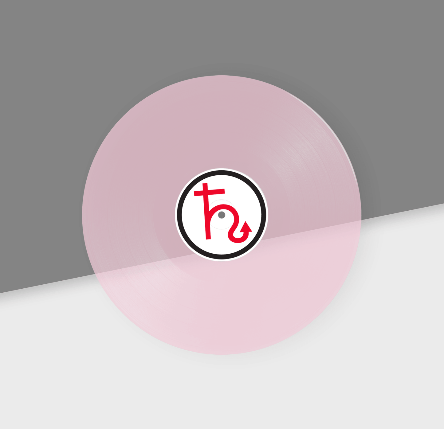 Clear pink vinyl record with a logo on a gray background