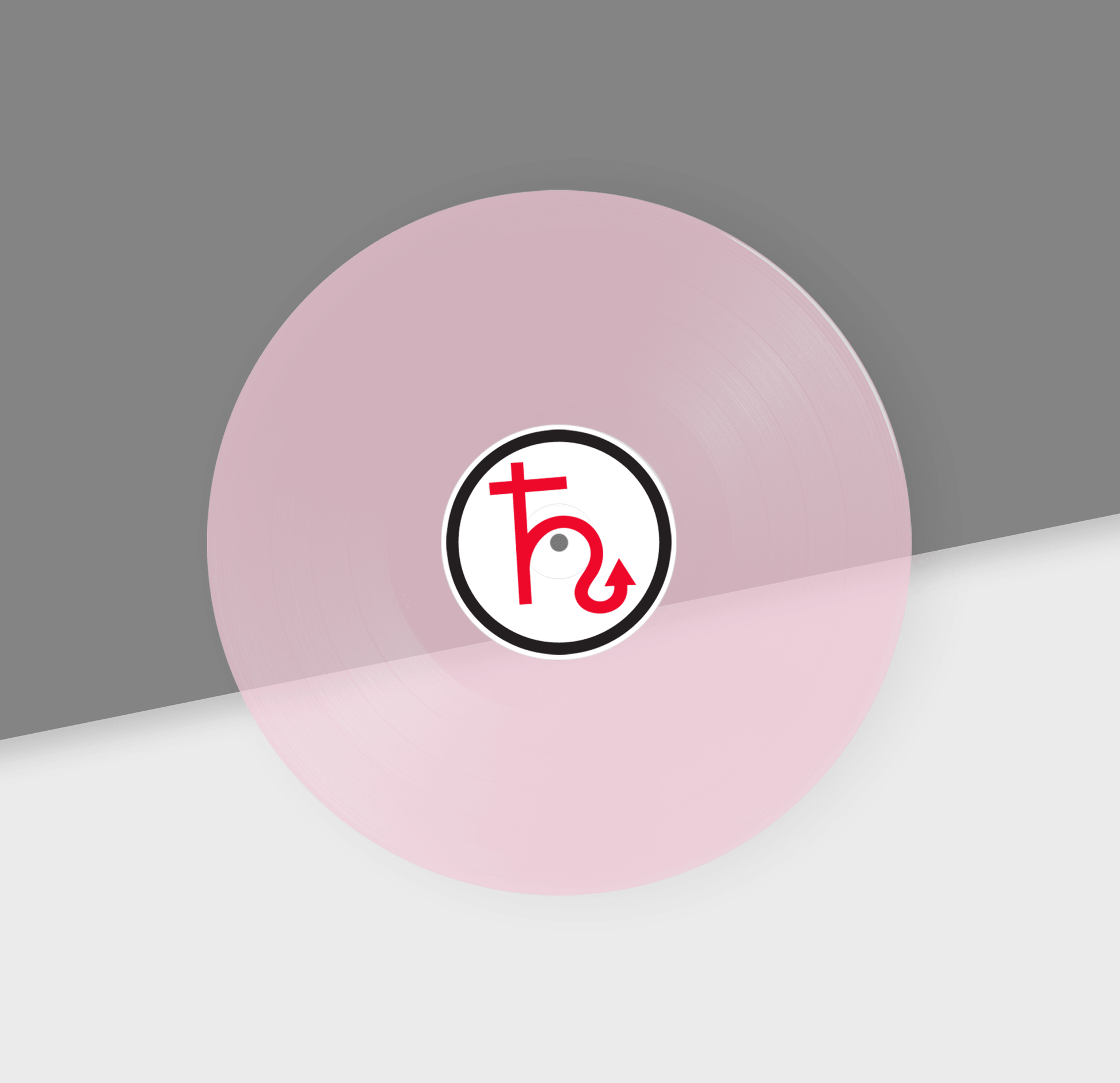 Clear pink vinyl record with a logo on a gray background