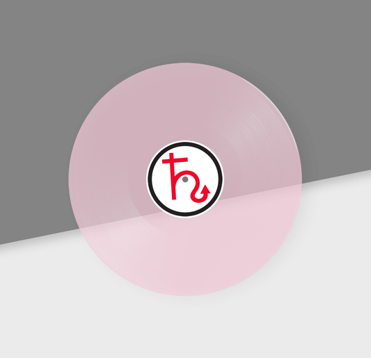 Clear pink vinyl record with a logo on a gray background