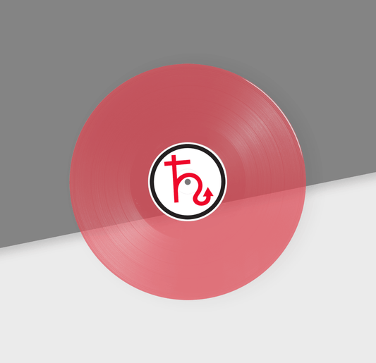 Clear red vinyl record with a logo on a gray and white background