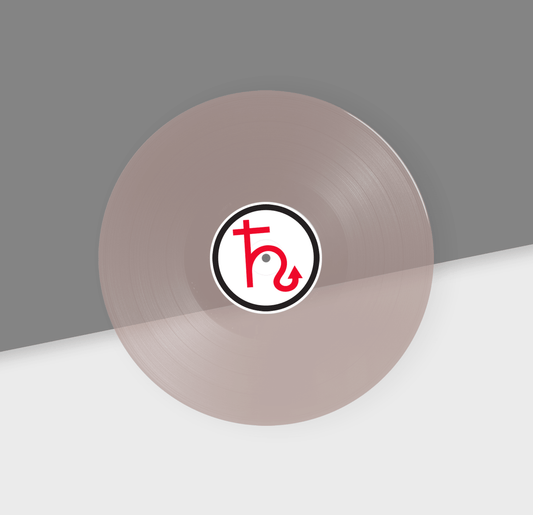 Clear smokey vinyl record with a logo on a gray and white background