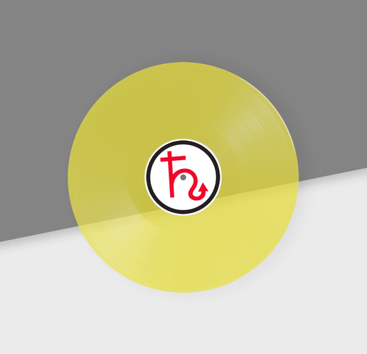 Clear yellow vinyl record with a logo on a gray and white background