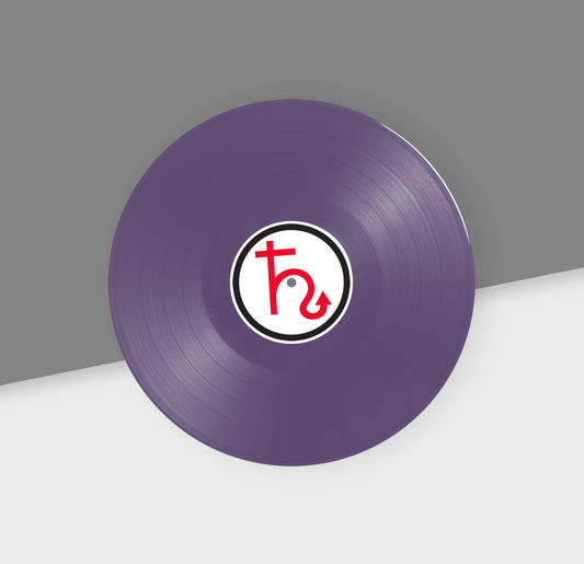 Purple vinyl record with a logo on a gray and white background