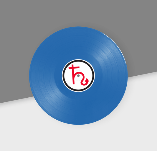 Blue vinyl record with a logo on a gray and white background