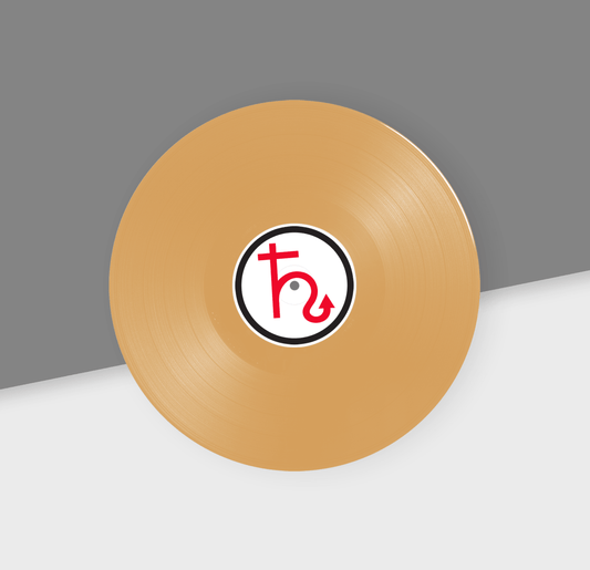 Tan vinyl record with a logo on a gray and white background