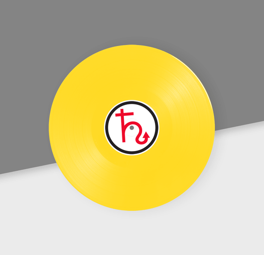 Yellow disc with a logo on a gray and white background