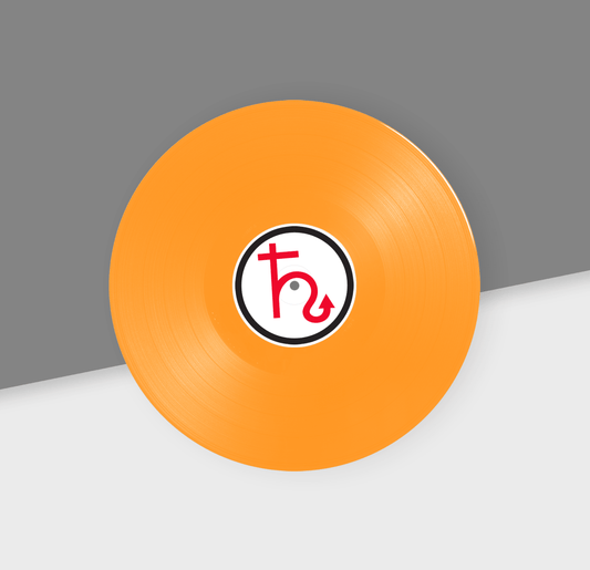 Orange vinyl record with a logo on a gray and white background