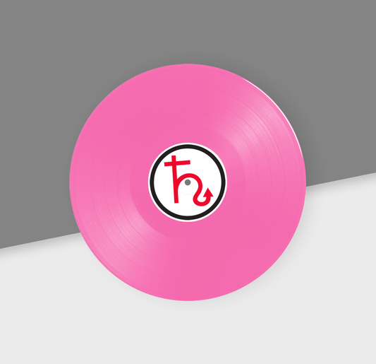 Pink opaque vinyl record with a logo on a gray and white background