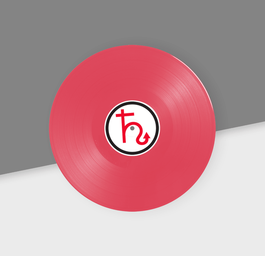 Red vinyl record with a logo on a gray and white background