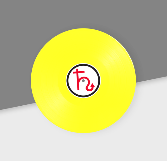 Yellow disc with a red and black logo on a gray and white background
