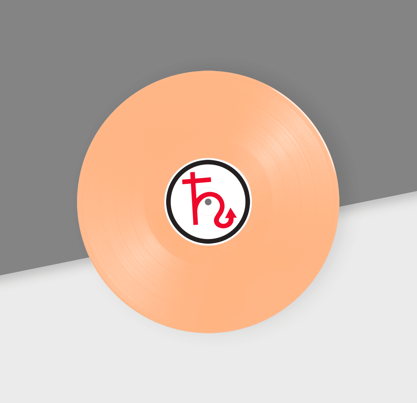 Peach disc with a logo on a gray background
