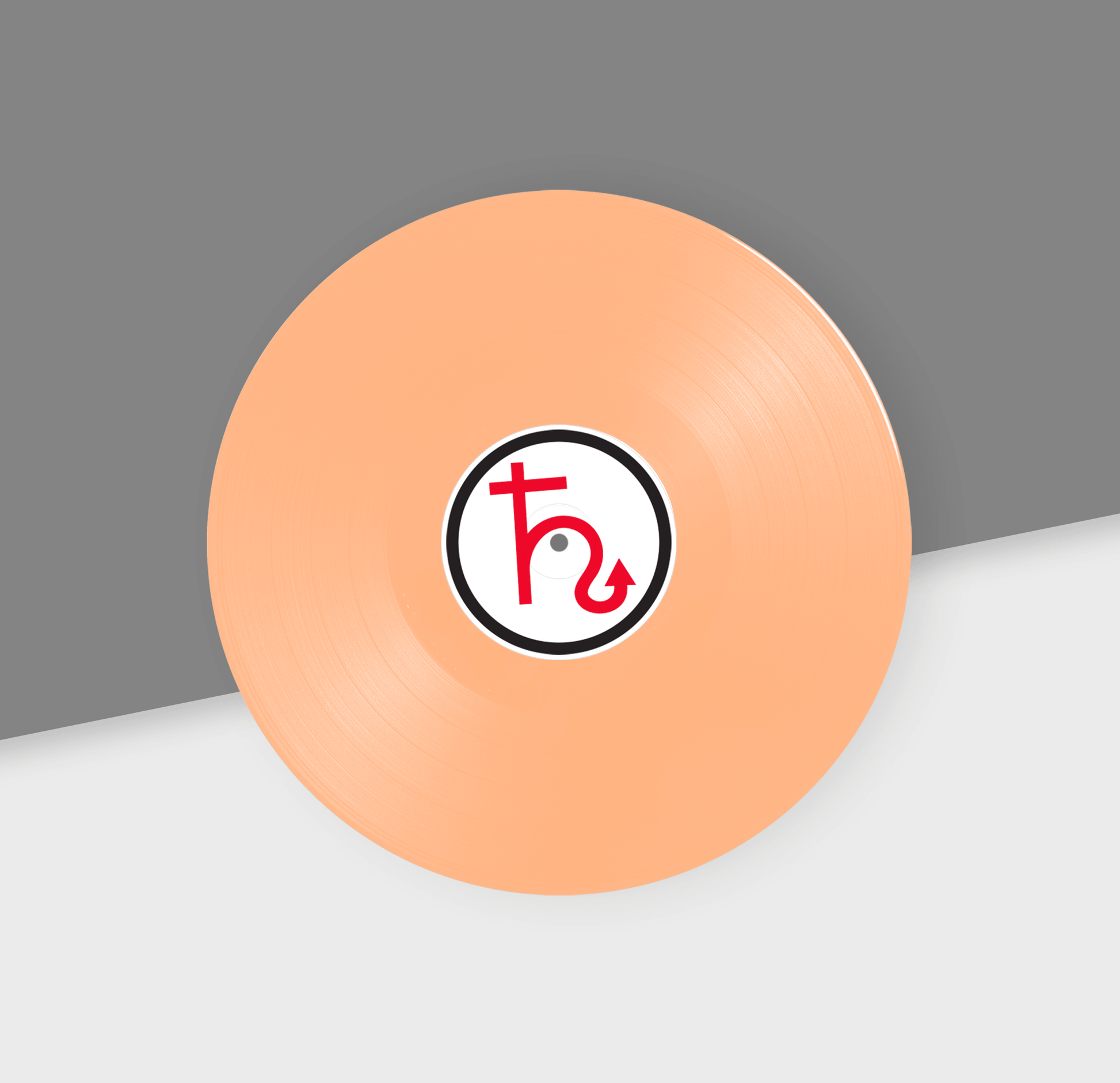 Peach disc with a logo on a gray background