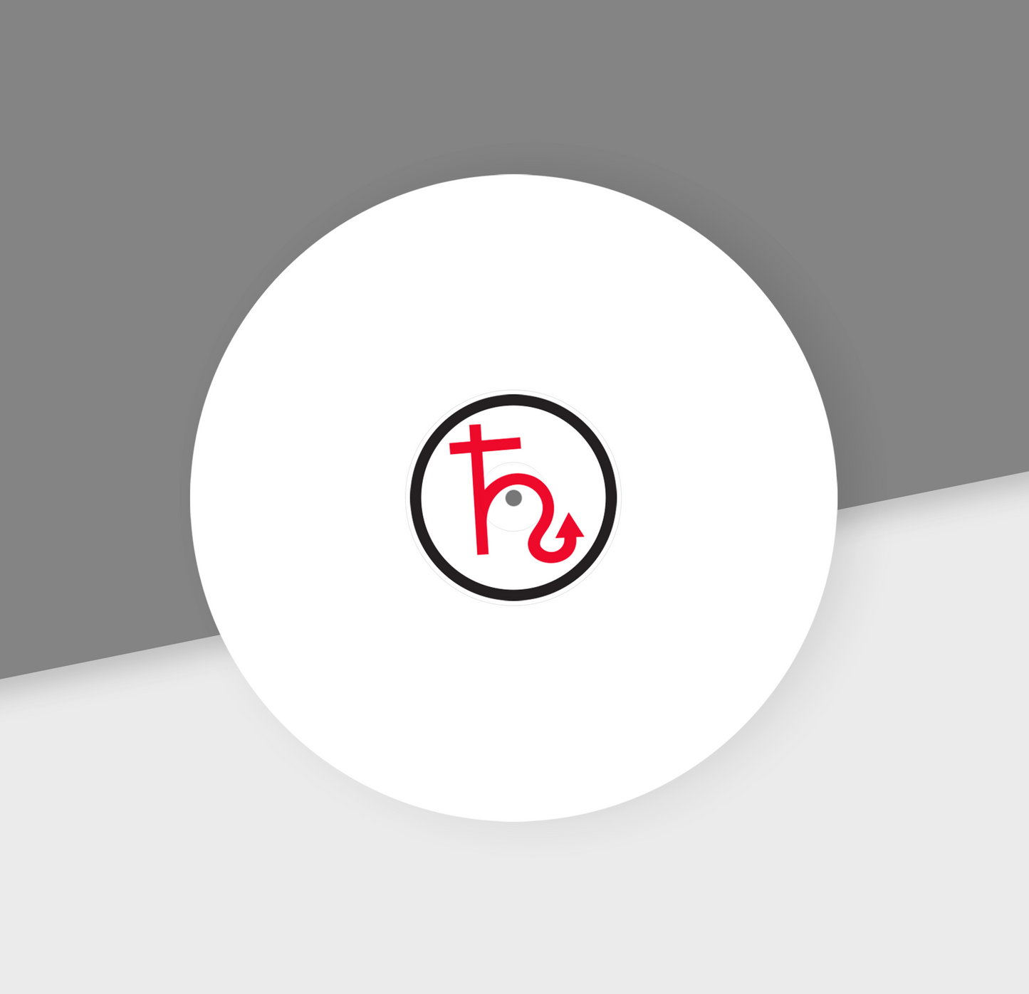 Solid white vinyl record with red and black design on a white background