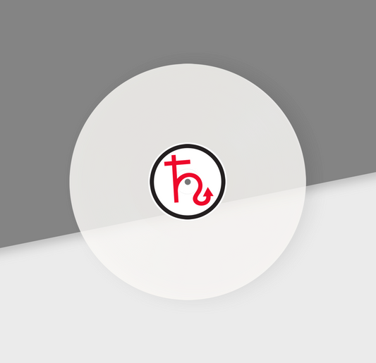 White record with a red and black logo on a gray background