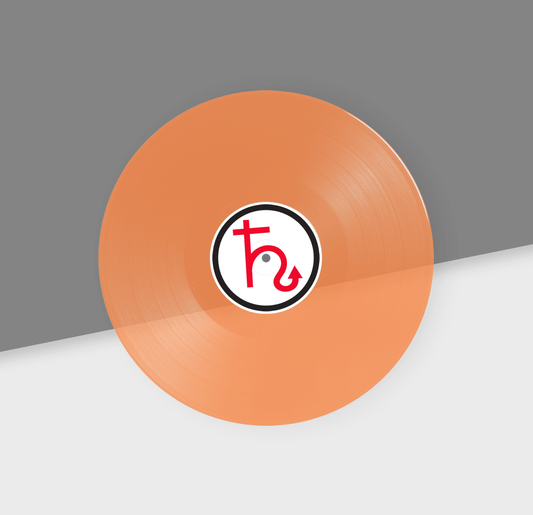 Translucent orange vinyl record with a logo on a gray and white background
