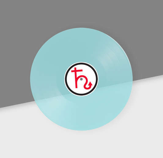 Light blue vinyl record with a logo on a gray background
