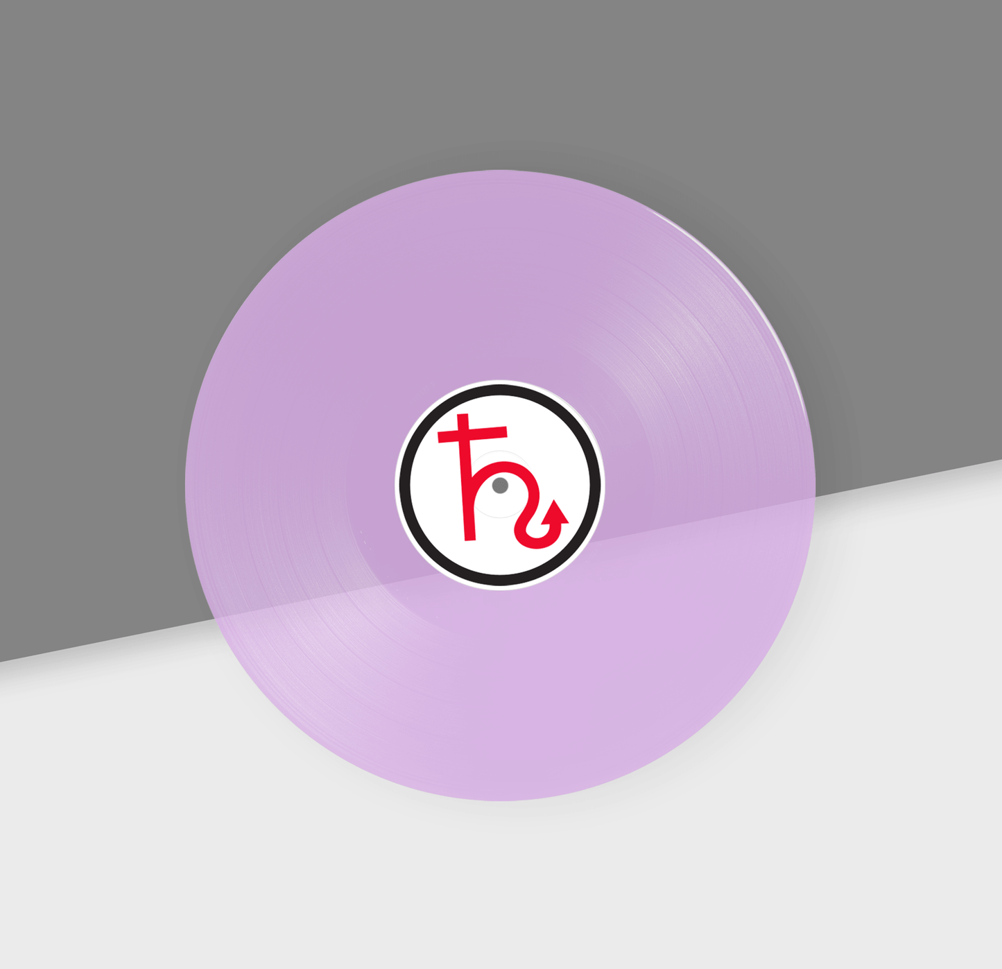 Purple violet vinyl record with a logo on a gray background