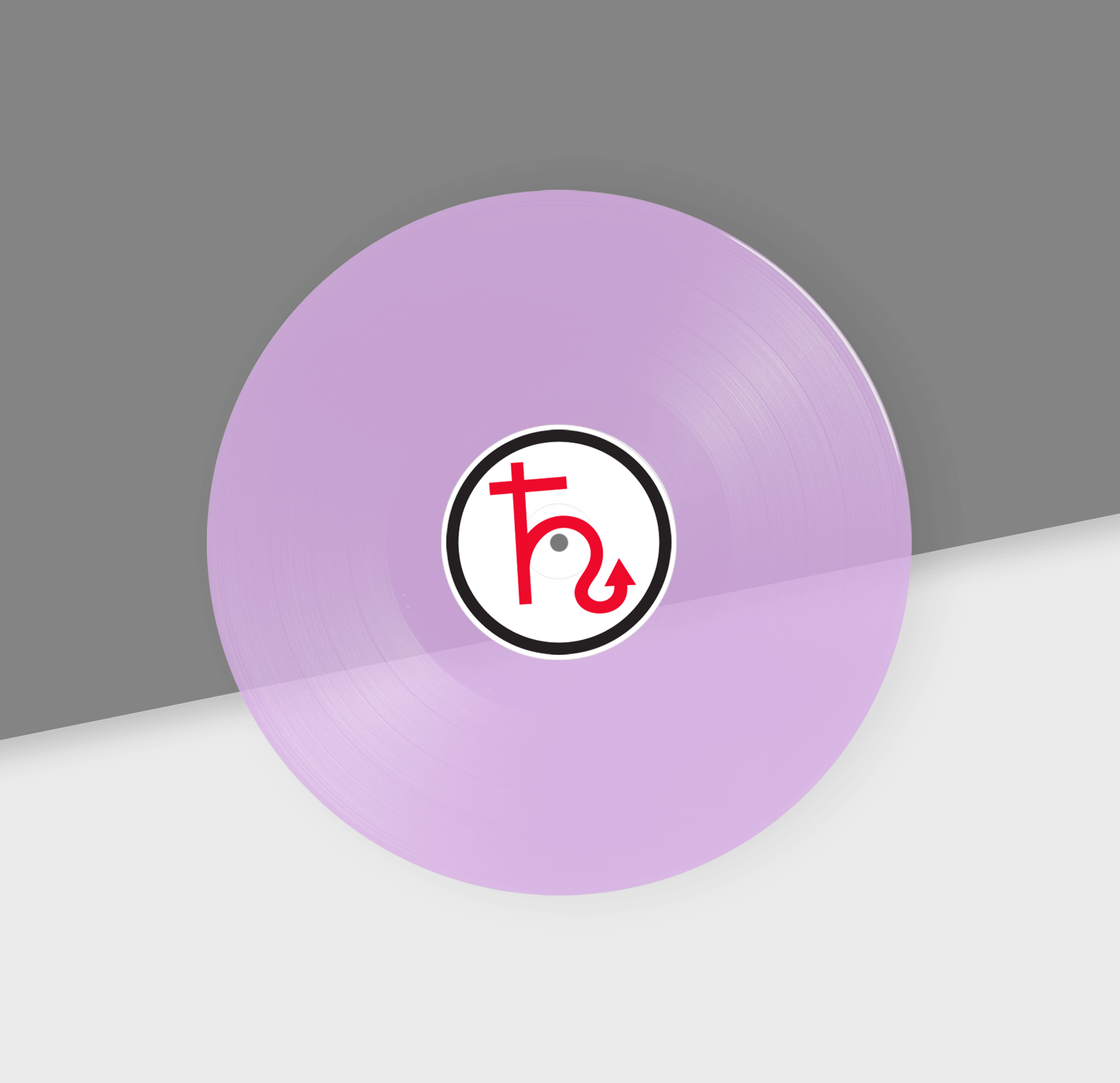 Purple violet vinyl record with a logo on a gray background
