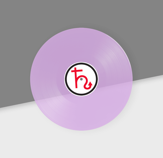 Purple violet vinyl record with a logo on a gray background
